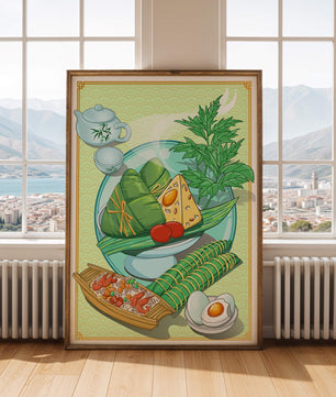 Illustration d'aliments asiatiques traditionnels avec service à thé et herbes