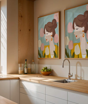 Serene woman surrounded by pastel tulips illustration