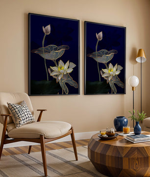 Elegant Lotus Flower with Gold Accents on Deep Blue Background
