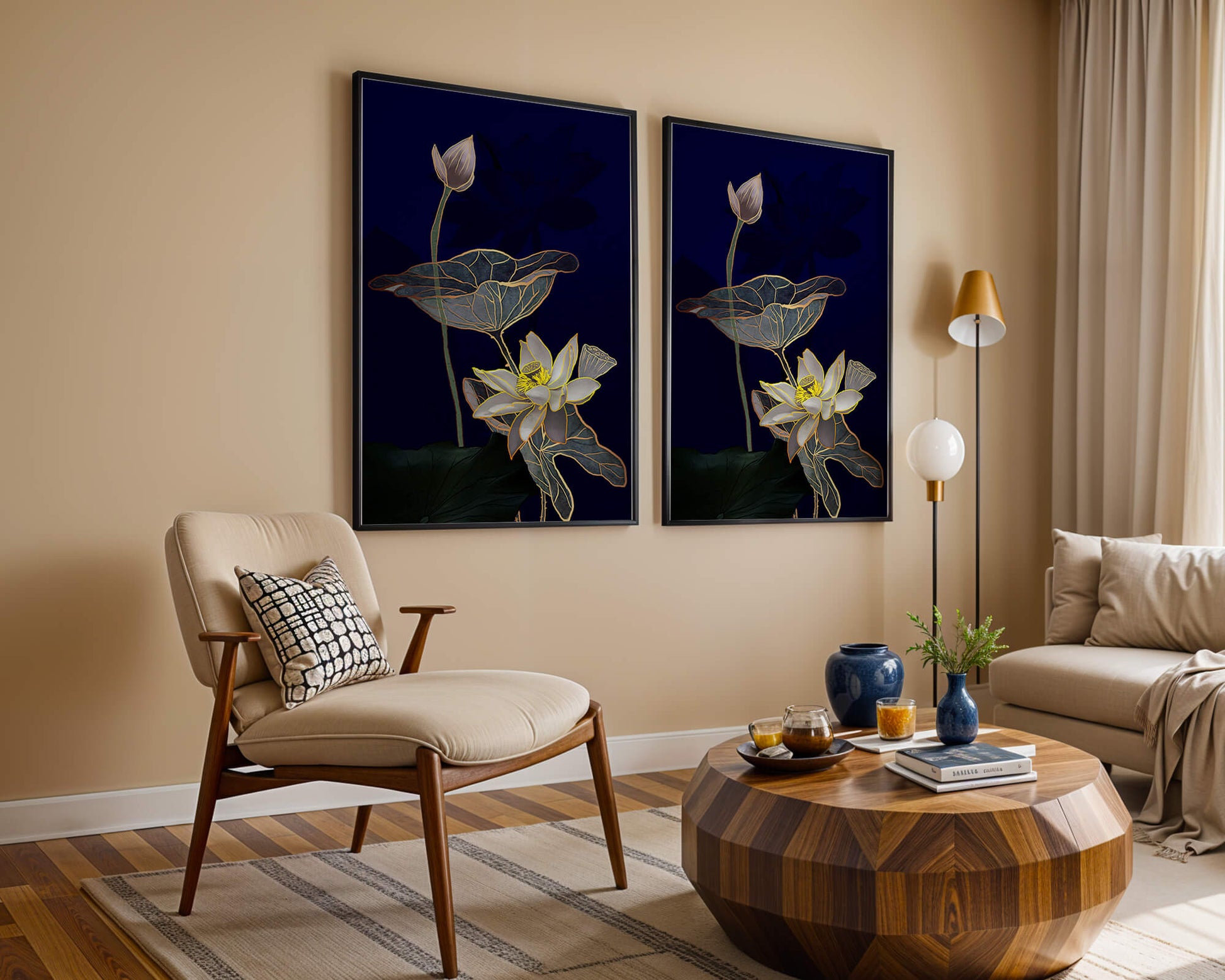 Elegant Lotus Flower with Gold Accents on Deep Blue Background