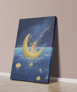 Voyage nocturne magique avec une fille dans un bateau-lune doré