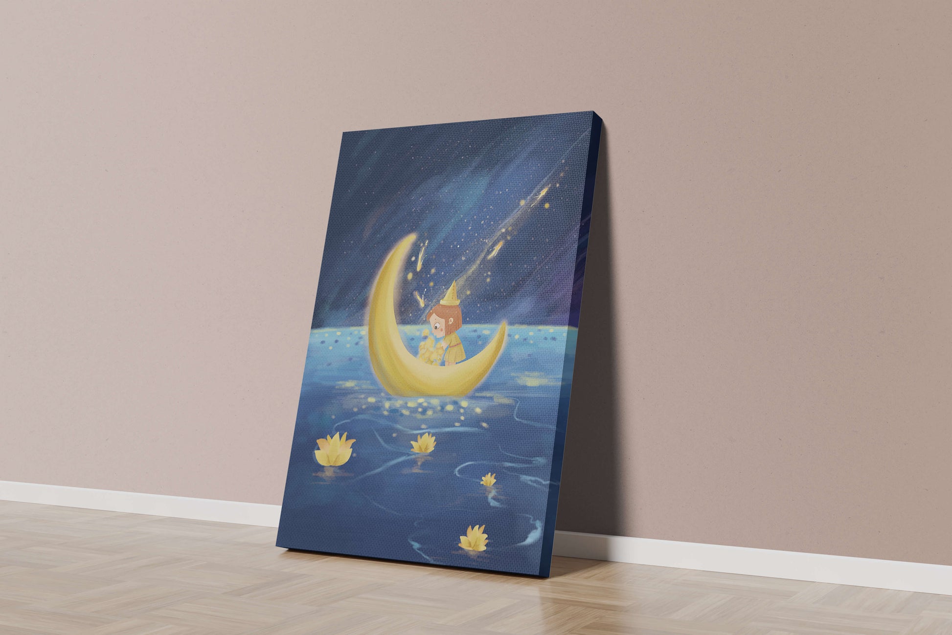 Magical Night Journey with Girl in Golden Moon Boat