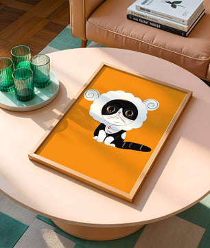 Ilustración de un gato disfrazado de oveja sobre fondo naranja vibrante