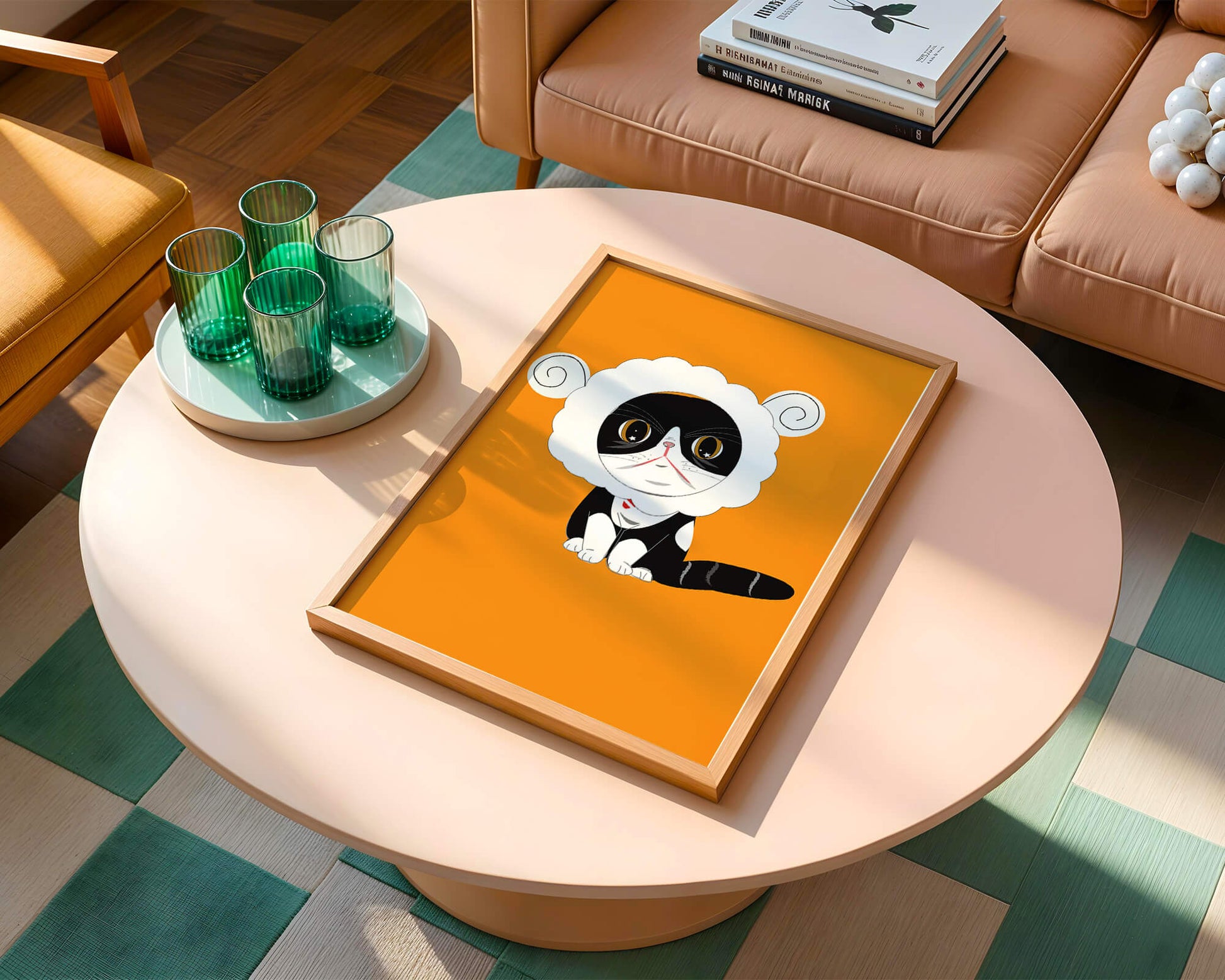 Ilustración de un gato disfrazado de oveja sobre un fondo naranja vibrante