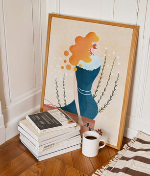 Woman with Floral Decor and Flowing Hair in Minimalist Art - Mi tienda