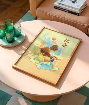 Charming autumn scene with traditional elements and nature motifs
