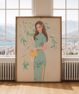 Elegant Woman in Traditional Dress Holding a Yellow Clutch with Bamboo Background