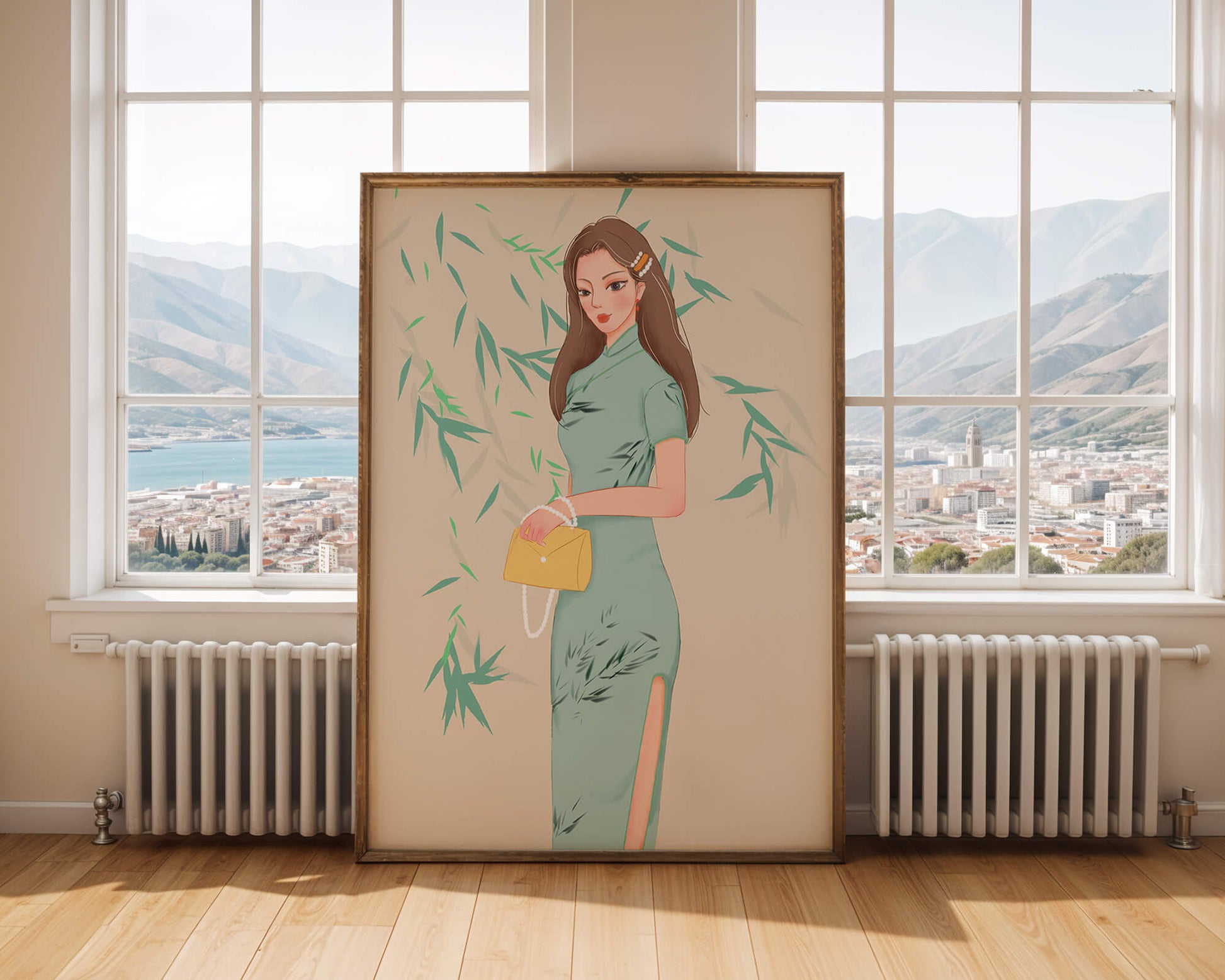 Mujer elegante con vestimenta tradicional sosteniendo un bolso amarillo con fondo de bambú