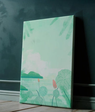 Paisaje de acuarela verde con nenúfares y colinas