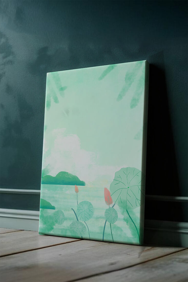 Paisaje de acuarela verde con nenúfares y colinas