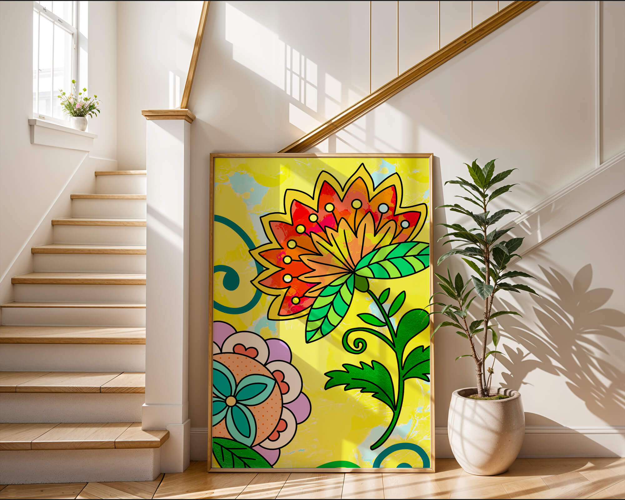 Colorful abstract floral illustration with bright yellow background
