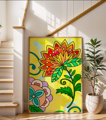 Colorful abstract floral illustration with bright yellow background