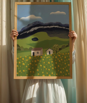 Peaceful Rural Landscape with Houses and Yellow Flowers under Blue Sky