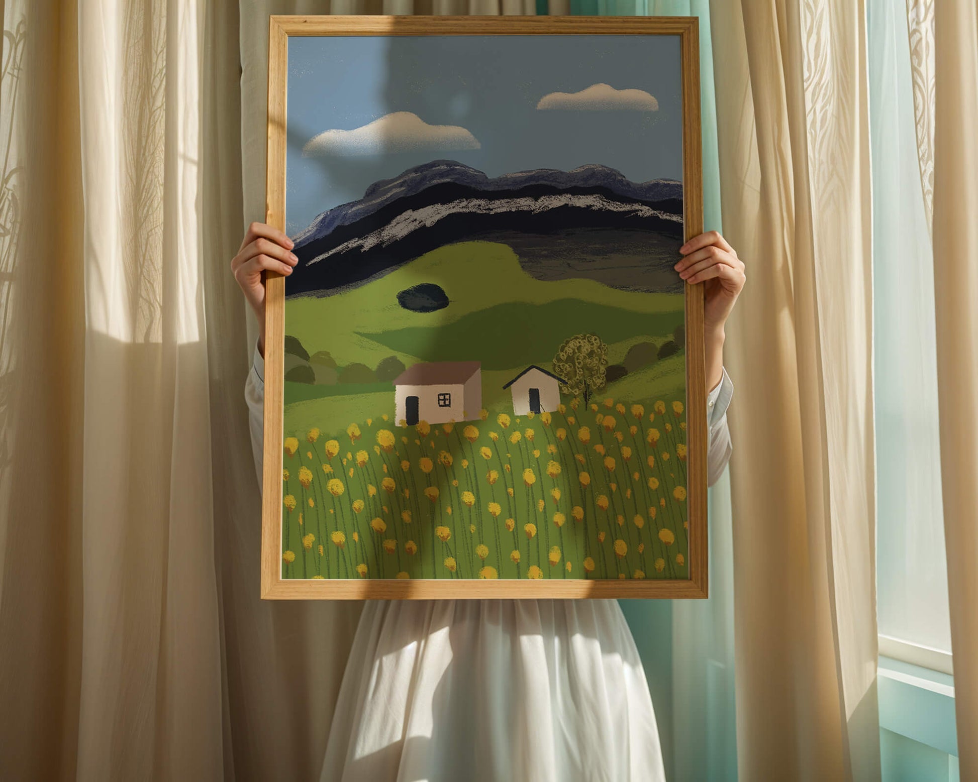 Peaceful Rural Landscape with Houses and Yellow Flowers under Blue Sky