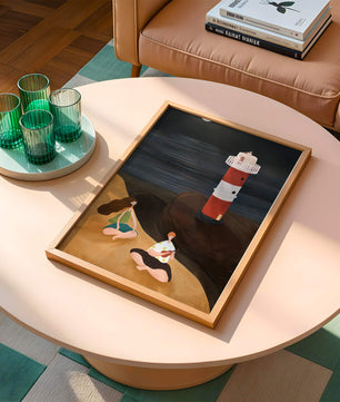 Peaceful Beach Scene with Lighthouse at Night