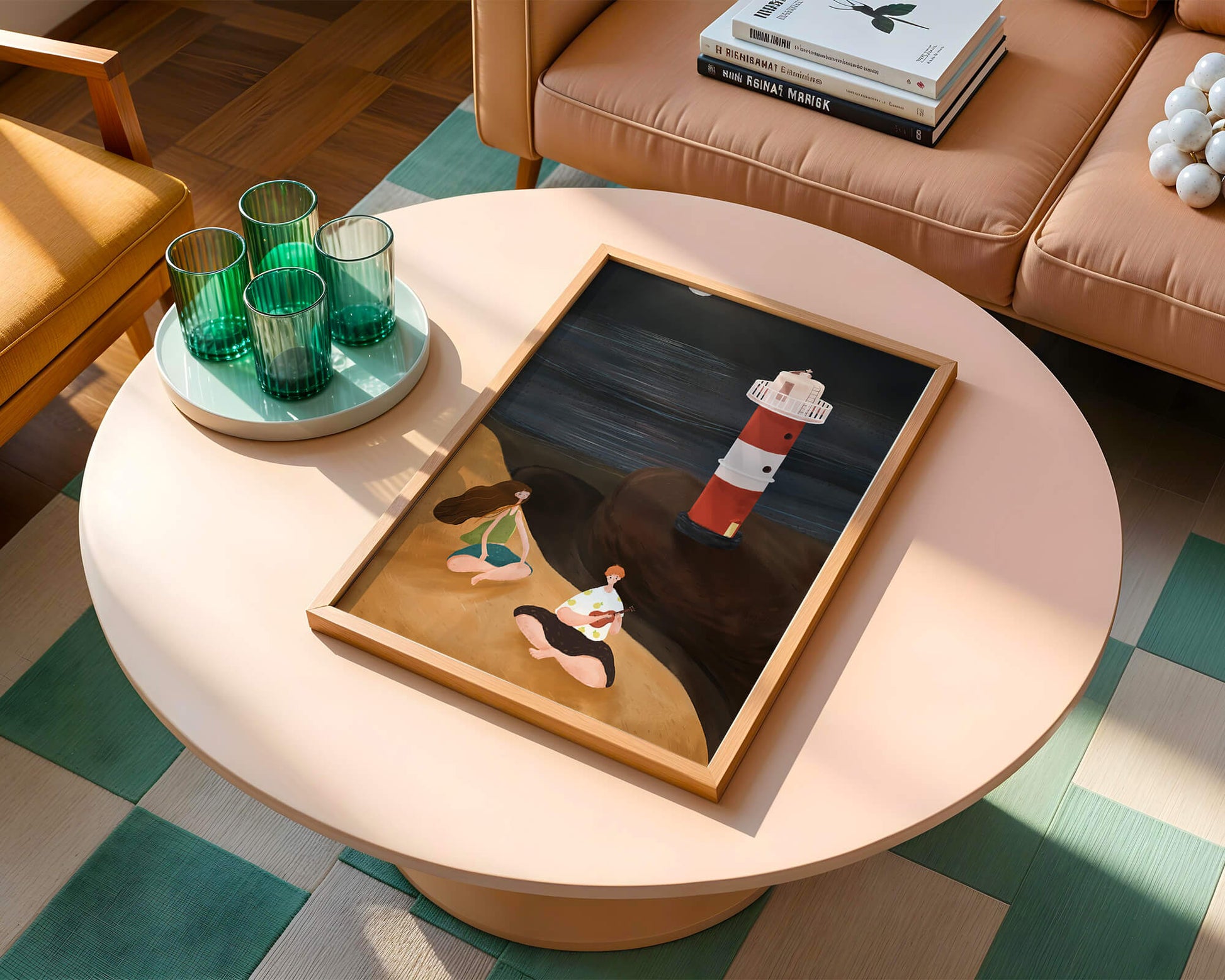 Escena de playa tranquila con faro por la noche