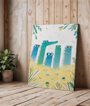Illustration of Happy Cartoon Crocodiles in a Colorful Meadow - Mi tienda