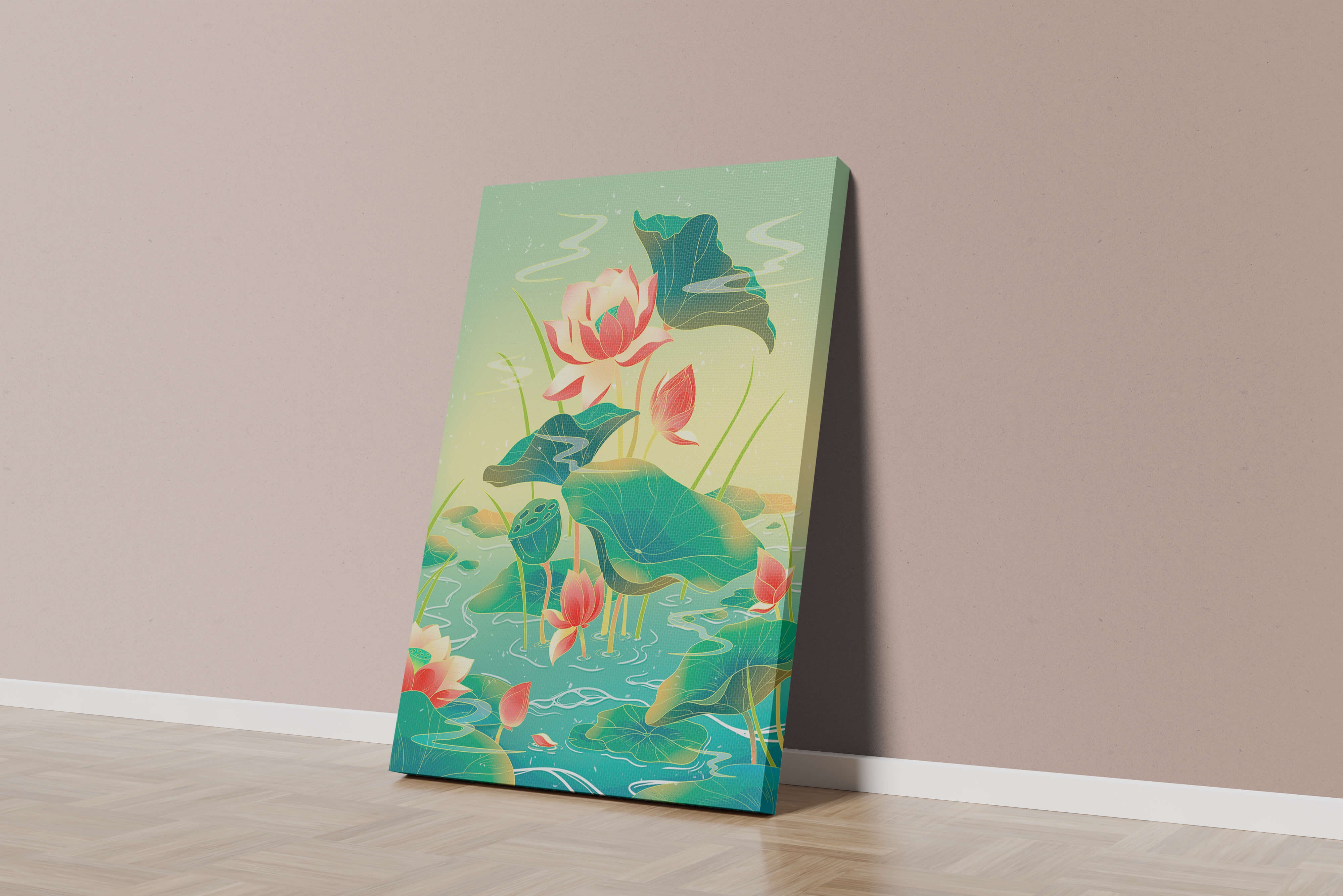 Serene lotus pond with vibrant lilies and lush green leaves