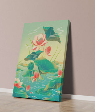 Serene lotus pond with vibrant lilies and lush green leaves
