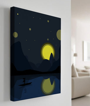 Paisaje nocturno sereno con río iluminado por la luna y bote silueteado