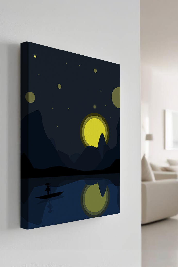 Serene night landscape with moonlit river and silhouetted boat