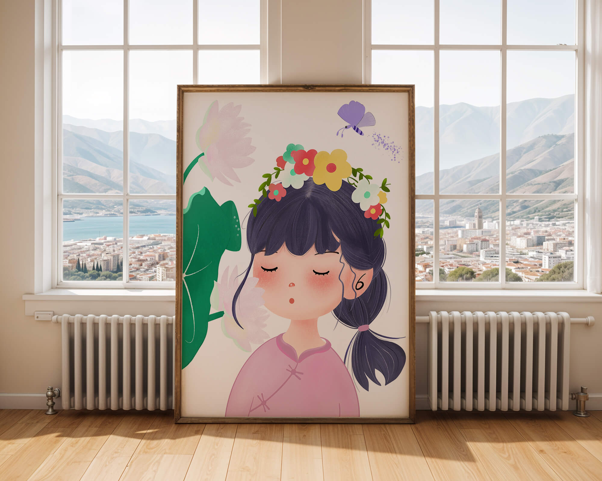 Whimsical illustration of a girl with a flower crown and butterfly