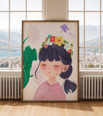 Whimsical illustration of a girl with a flower crown and butterfly