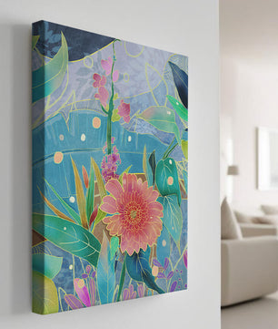 Kunst abstrak bunga yang berwarna-warni dengan bunga dan daun yang cerah