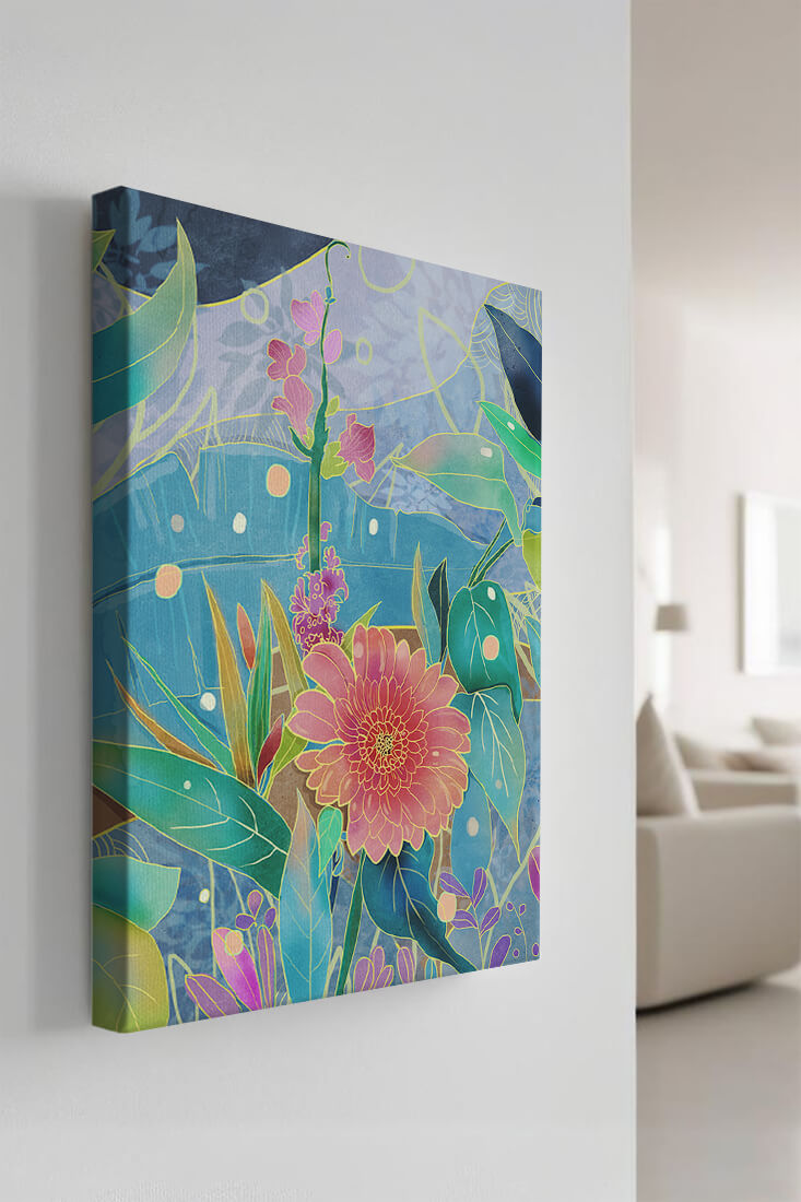 Kunst abstrak bunga yang berwarna-warni dengan bunga dan daun yang cerah