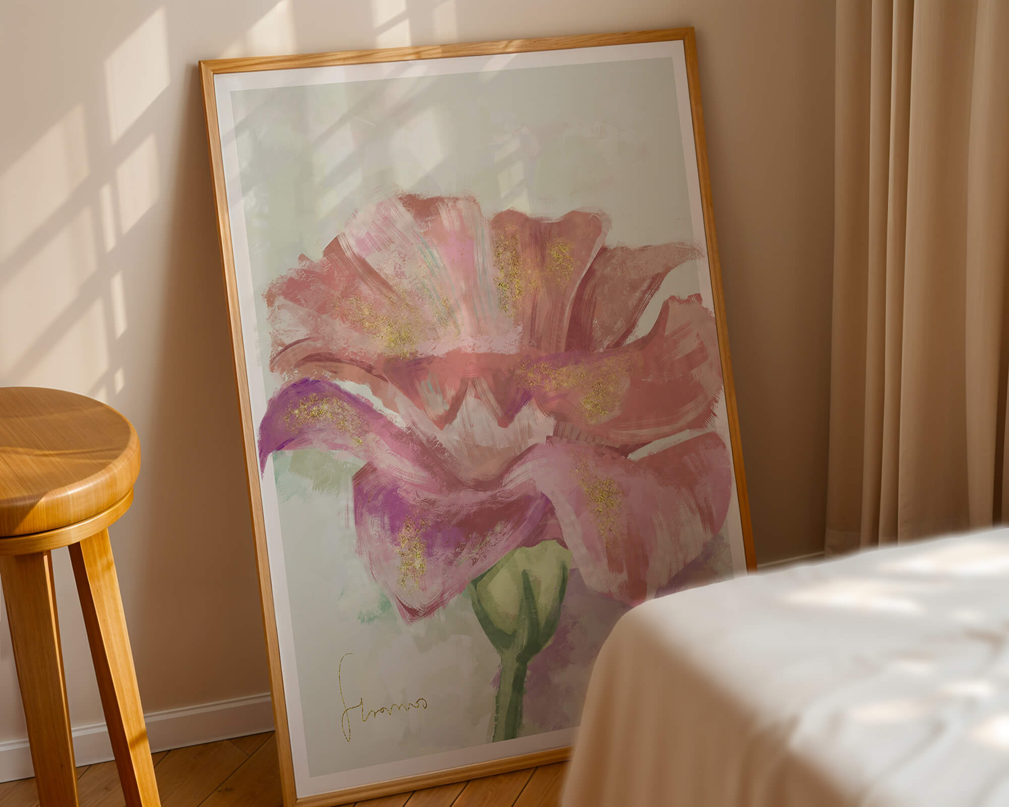 Vibrant pink flower with golden accents in abstract style