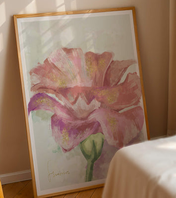 Vibrant pink flower with golden accents in abstract style