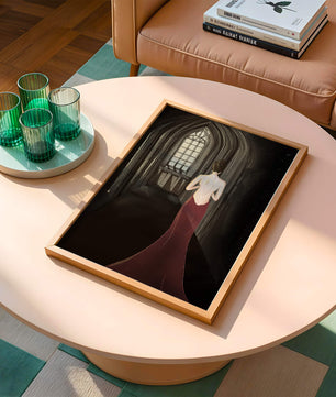 Elegant woman in a red dress inside a gothic hallway