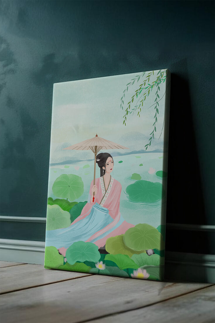 Elegant woman in traditional attire with umbrella surrounded by lotus leaves