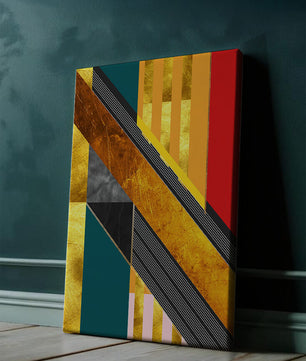 Abstract geometric design with gold accents and vibrant colors