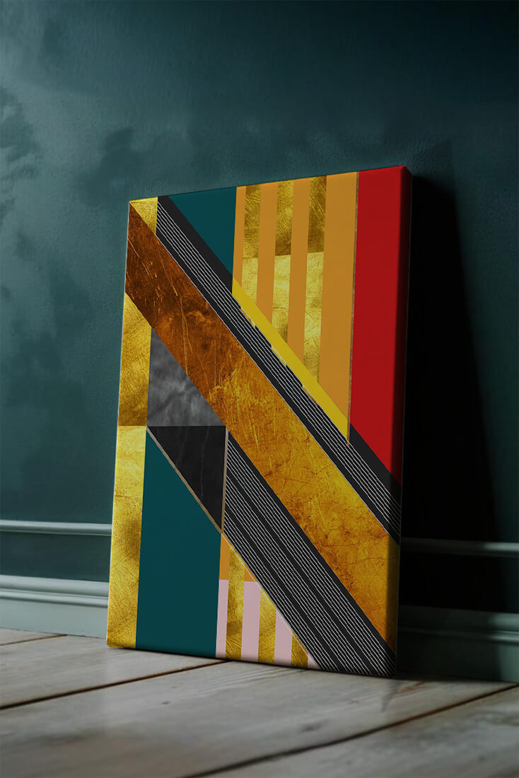 Abstract geometric design with gold accents and vibrant colors