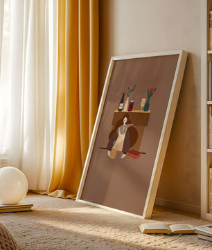 Escena acogedora con mujer junto a la chimenea y elementos decorativos