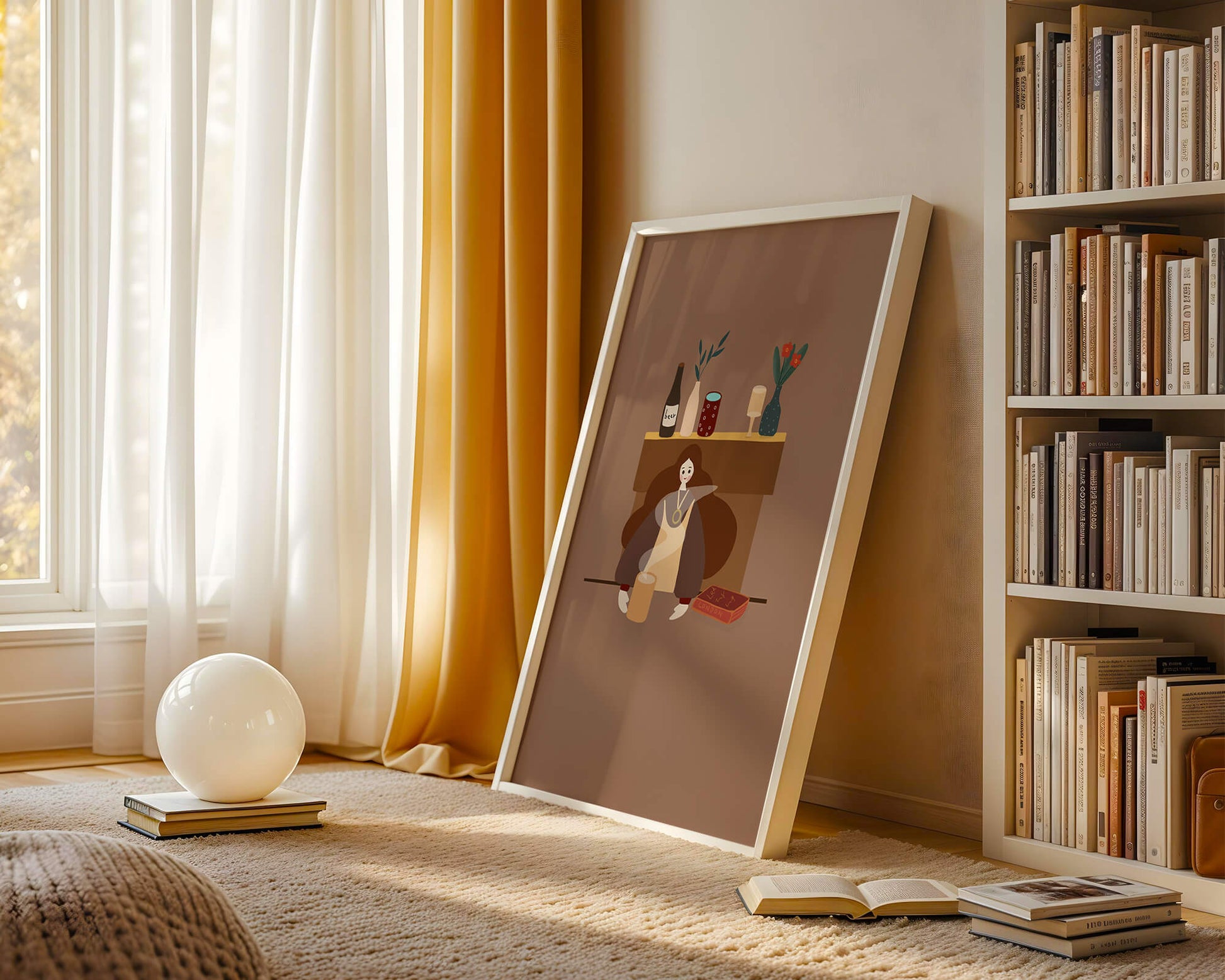 Escena acogedora con mujer junto a la chimenea y elementos decorativos