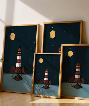 Escena nocturna tranquila con faro y estrellas que reflejan serenidad