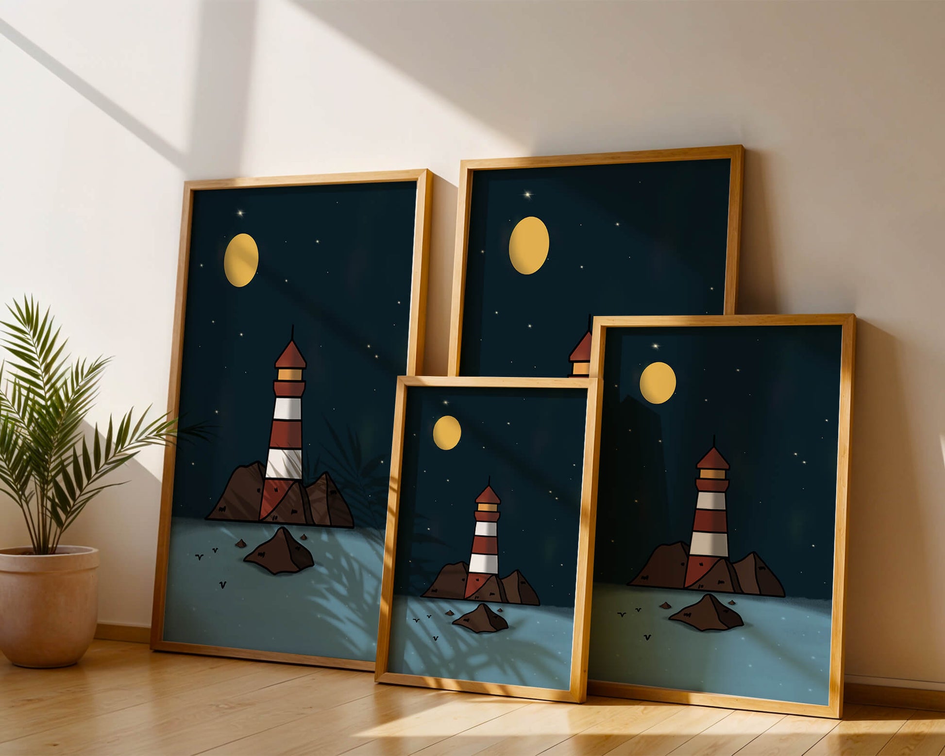 Escena nocturna tranquila con faro y estrellas que reflejan serenidad.