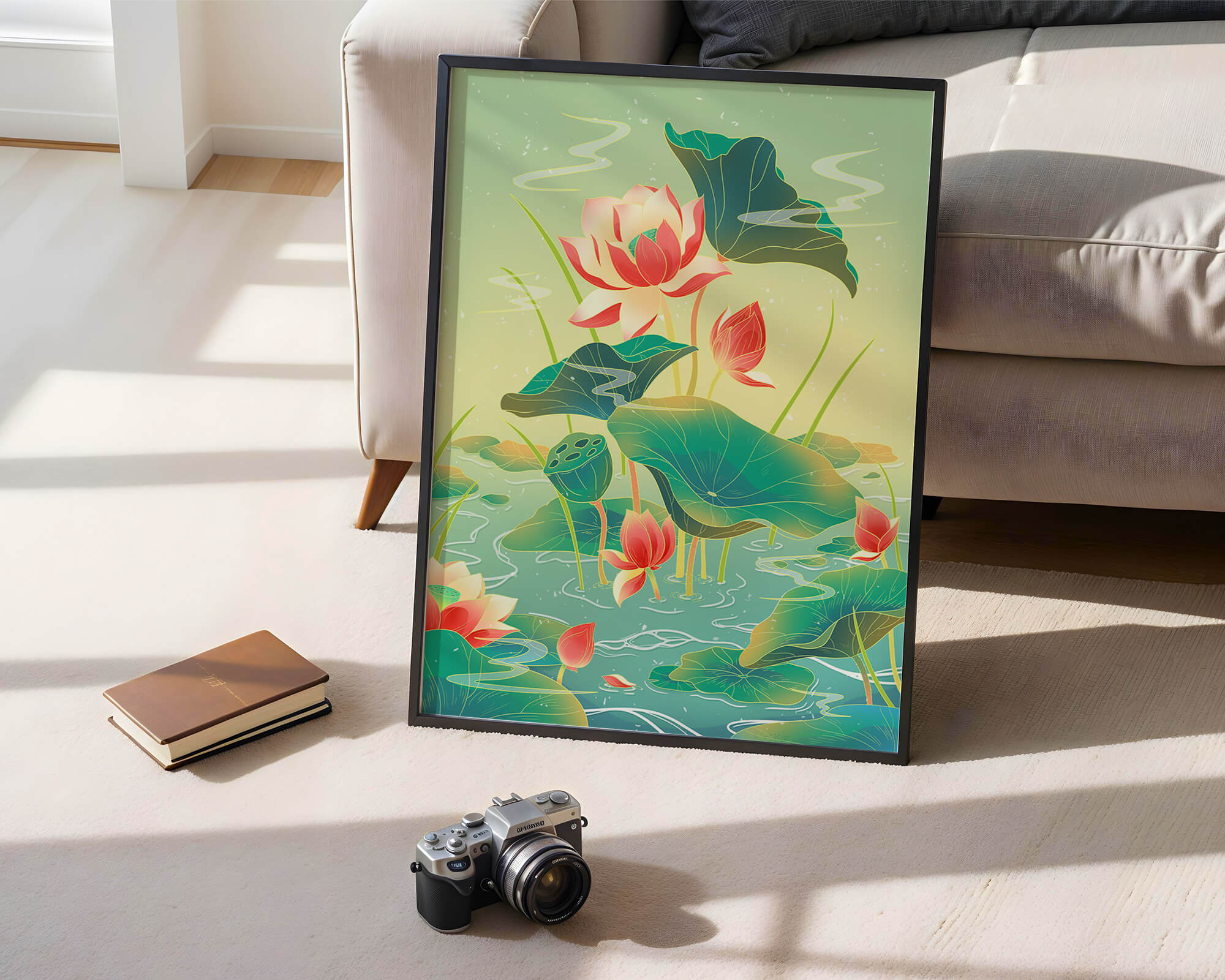 Serene lotus pond with vibrant lilies and lush green leaves