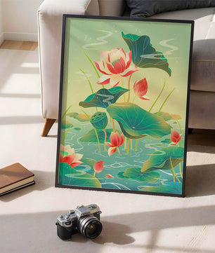 Serene lotus pond with vibrant lilies and lush green leaves