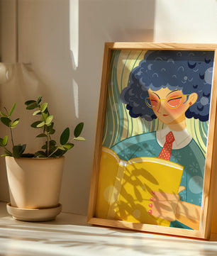 Illustration d'une personne lisant un grand livre jaune dans un style stylisé