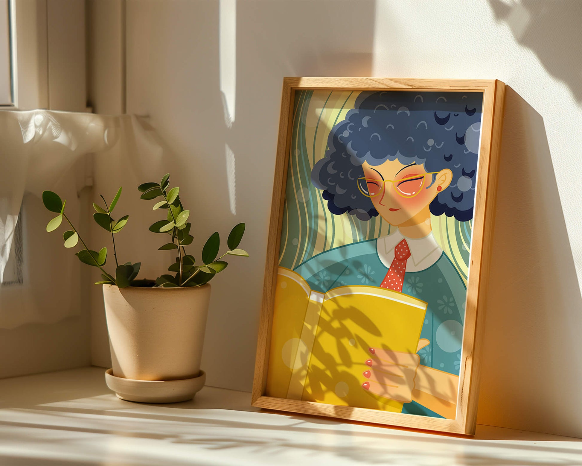 Illustration of a person reading a large yellow book in a stylized design
