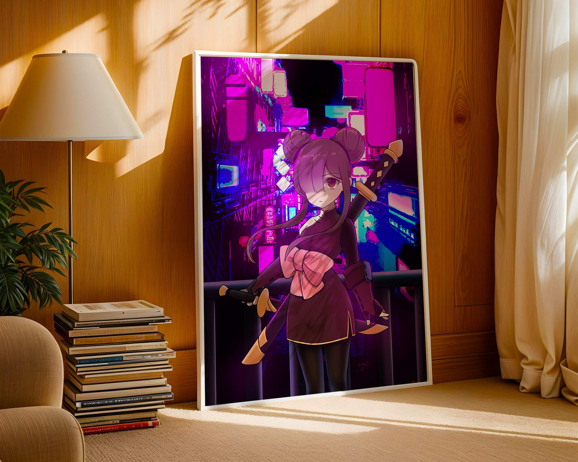 Anime Character with Swords and Neon Cityscape Background