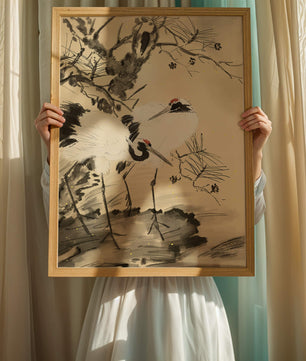 Traditional Japanese Painting of Cranes with Pine Tree and Gold Details