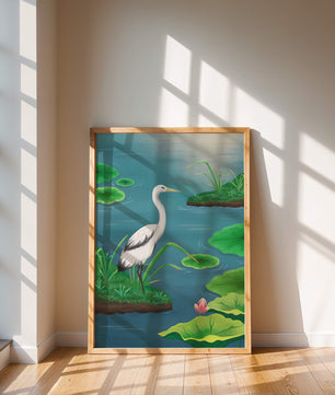 Serene wetland scene with white crane and water lilies