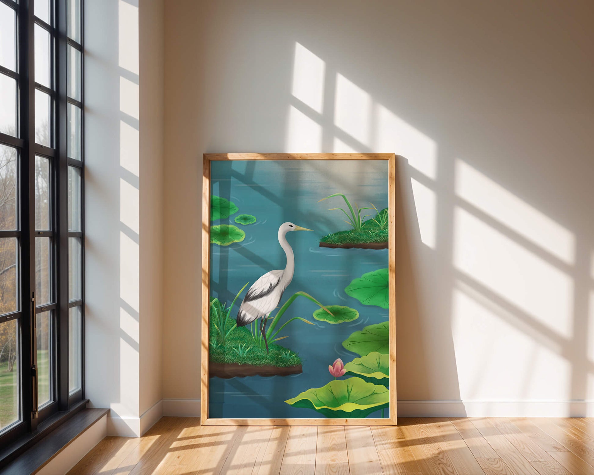 Serene wetland scene with white crane and water lilies