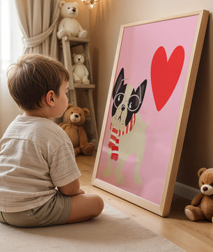 Ilustración juguetona de un bulldog francés con gafas y bufanda sobre fondo rosa con corazón