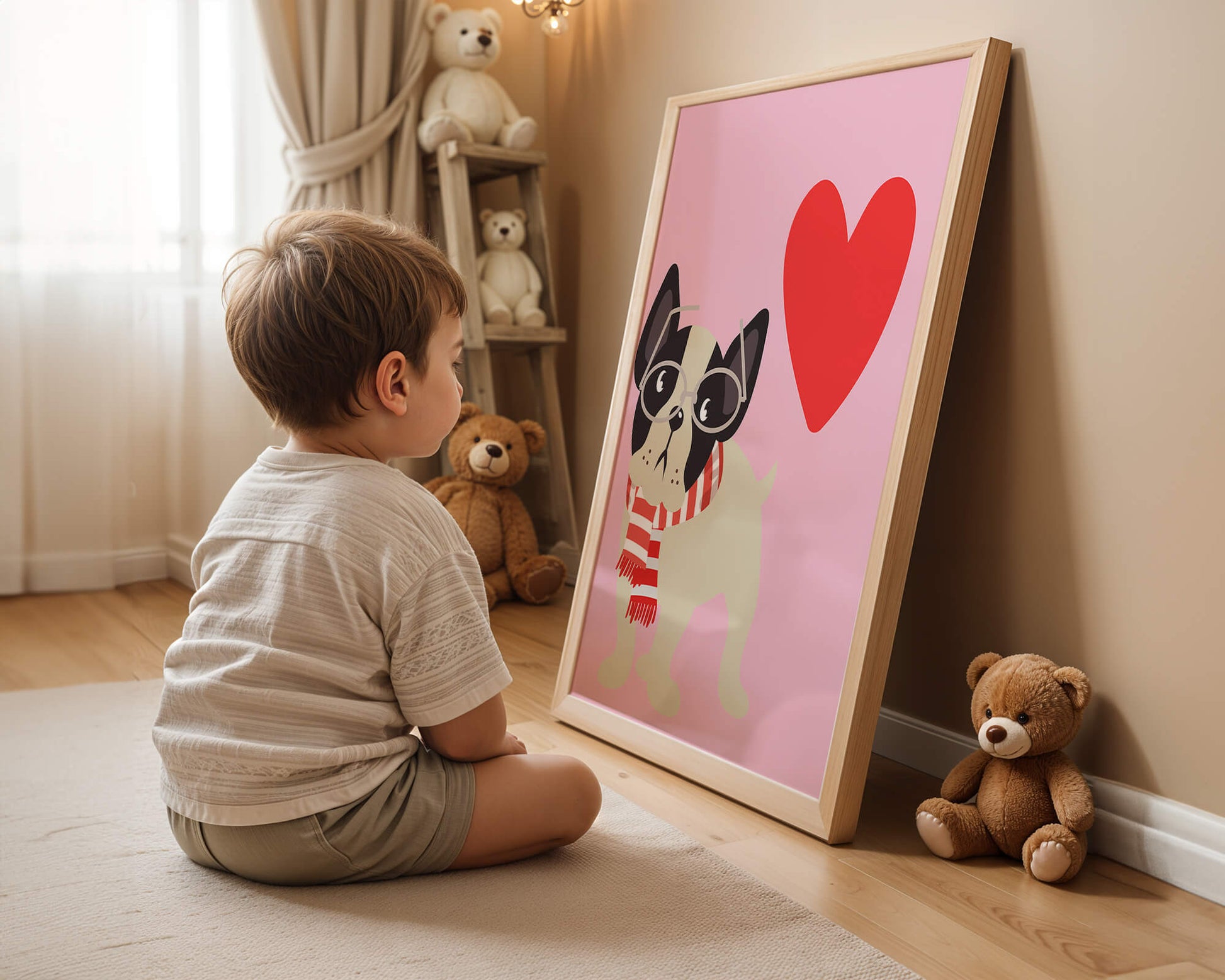 Ilustración lúdica de un bulldog francés con gafas y bufanda sobre fondo rosa con corazón