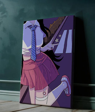 Estilo anime de una escolar posando con el signo de la paz en colores vibrantes